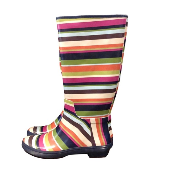 COACH Multi Stripe Mid Calf Rain Boots w Low Heel and Navy Lining Sz 7 - Picture 4 of 12